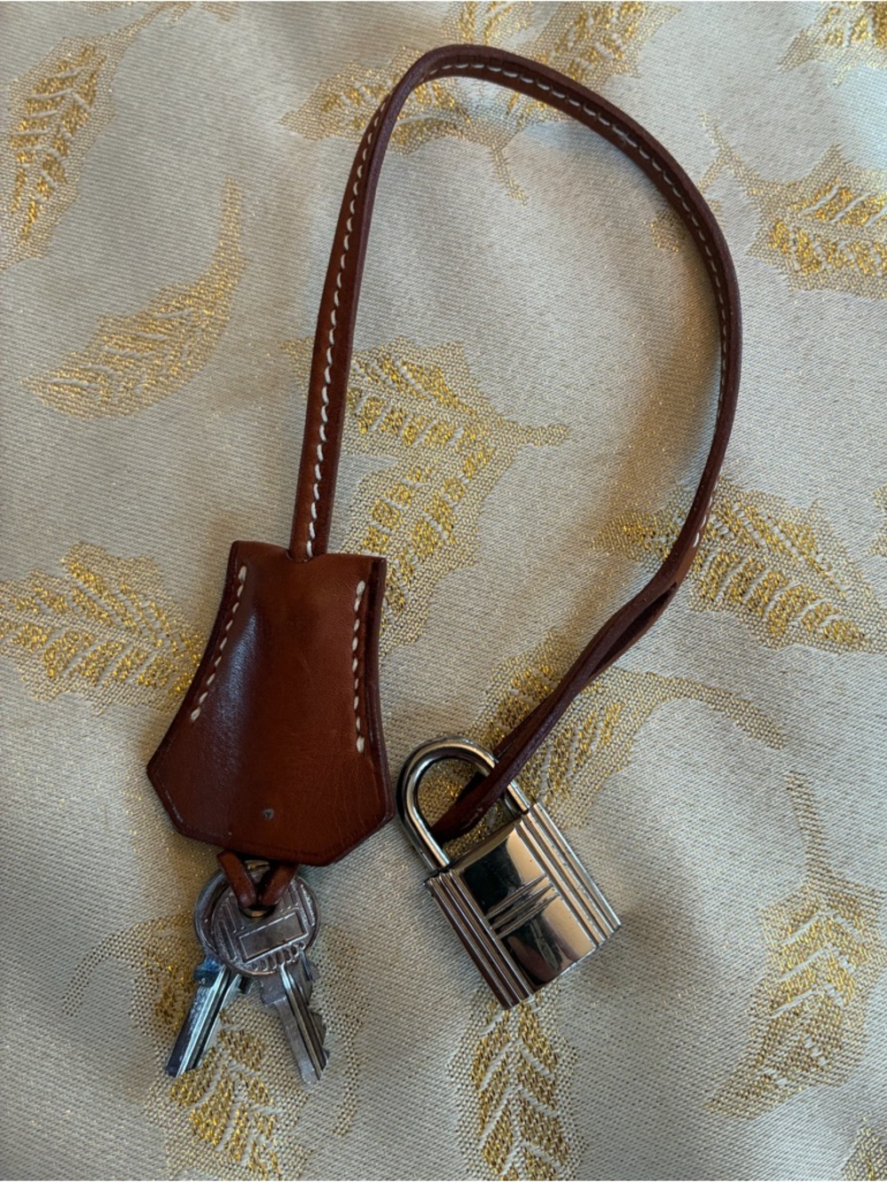 Hermes Brown Leather Key Charm with Silver Padlock and Keys